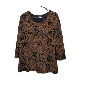 Brittany Black Blouse 2X Paisley Brown Business Casual Pullover 3/4 Sleeve Women